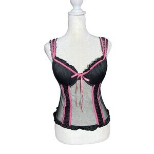 Y2K Sexy Bustier Corset Top Black Pink Lingerie Sheer Rhinestone Grunge Sz M